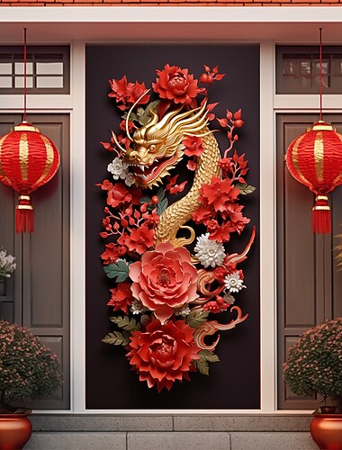  capodanno cinese loong copriporta arazzo porta tenda porta decorazione sfondo porta banner per porta d'ingresso fattoria festa decorazioni forniture capodanno lunare