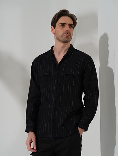  100% linnen Zak Voor heren Overhemd linnen overhemd Overhemd met knopen Zwart Marineblauw Lange mouw Effen Revers Lente & Herfst Buiten Vakantie Kleding