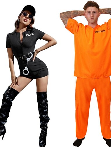  Prisonier Costumes de carrière Femme policière Costume de Cosplay Tenue Déguisements de couple de groupe d'Halloween Adulte Homme Femme Tenue Cosplay Soirée Mascarade Fête de fille célibataire