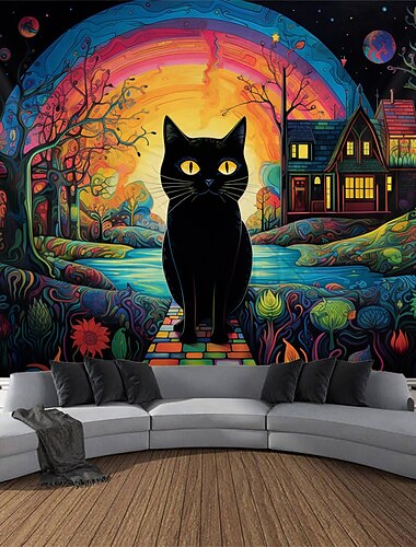  نسيج بإضاءة سوداء على شكل قطة قوس قزح يتوهج في الظلام ويتوهج في الظلام، ثلاثي ضبابي معلق، جدار فني جداري لغرفة المعيشة وغرفة النوم