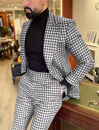  Herren Hochzeit Tweed -Anzüge Schwarz Braun Kariert Reguläre Passform 2-teiliges Set Einreiher - 1 Knopf