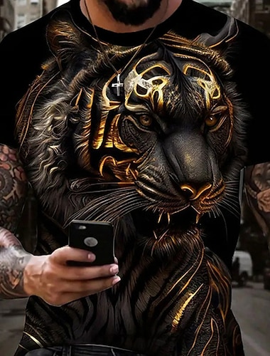  Муж. Графика Животное Тигр Футболка С короткими рукавами Футболка 3D печать Вырез под горло Рубашка Повседневные Оригинальный рисунок Ретро Для спорта и активного отдыха Праздники На выход