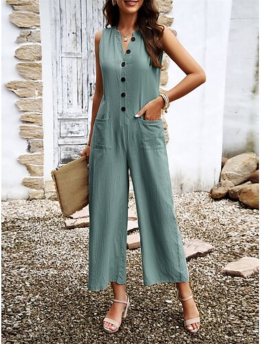  Damen Normal Jumpsuit Strassenmode Feste Farbe Ärmellos V Ausschnitt Knopf Tasche Strasse Täglich Regular Fit Schwarz Blau Braun Sommer