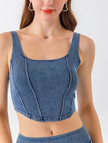  Women's Running Tank Top Quick Dry Denim Solid Color Yoga Fitness Crop Top Black Royal Blue Blue Square Neck High Elasticity Summer