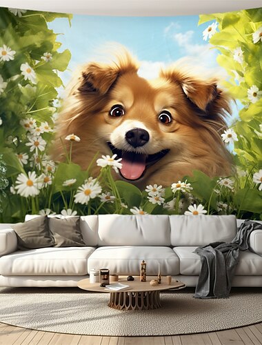  لوحة فنية جدارية معلقة على شكل كلب في الزهور، سجادة جدارية كبيرة لديكور الصورة، ستارة بطانية لغرفة النوم المنزلية وغرفة المعيشة
