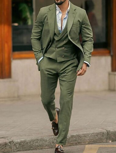  חליפות פשתן חתונת חוף ירוקות לגברים בצבע אחיד 3 חלקים אופנה קז'ואל בהתאמה אישית עם שני כפתורים חד חזה 2024