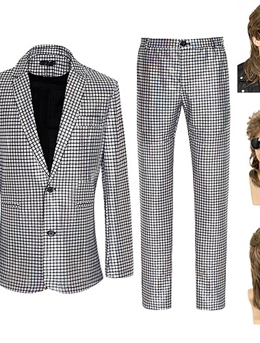  Set mit metallischen Anzügen&amp; Blazer und Hosen&amp; Hosen Vokuhila Perücken 3 Stück 1980er Jahre Disco Rockstar Outfits Herren Abba Cosplay Kostüm Maskerade Performance Party Club