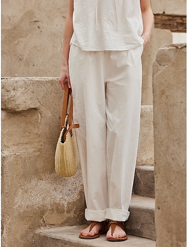  Mujer Chinos Pantalones Mezcla de Algodón Bolsillo Media cintura Largo Blanco Primavera