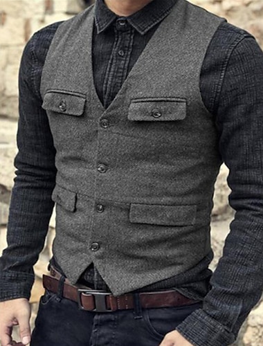  Herren Weste Freizeitskleidung Urlaub Ausgehen Modisch Basic Frühling & Herbst Taste Polyester Komfortabel Glatt Einreihiger Verschluss V Ausschnitt Regular Fit Schwarz Dunkelmarine Dunkelgrün Braun