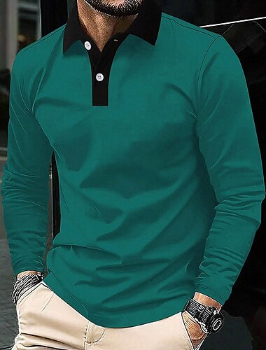  Per uomo POLO Polo con bottoni Ufficio Informale Bavero Manica lunga Di tendenza Essenziale Color Block Pulsante Splice Primavera & Autunno Standard Rosso Blu marino Marrone Verde POLO