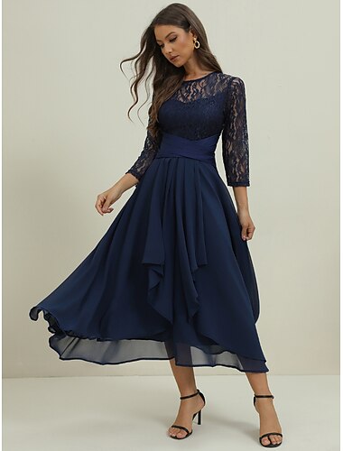  Dames Kanten jurk Gala jurk Feestjurk Chiffon Kant Lapwerk Strakke ronde hals 3/4 mouw Halflange jurk Formeel Winter jurk Marineblauw Lente Winter