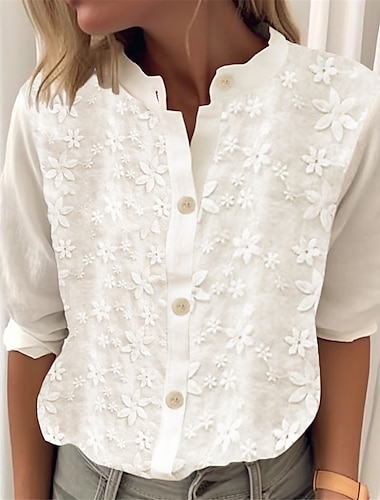  Women's Cotton Linen Shirt Blouse Embroidered White 3/4 Length Sleeve Button-Down Elegant Casual Elegant Top Summer Spring