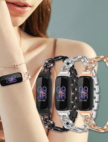  Correa de Smartwatch Compatible con Fitbit Inspire 3 Acero Inoxidable Reloj inteligente Correa Mujer Brillante Cristal Pulsera de joyería Reemplazo Pulsera