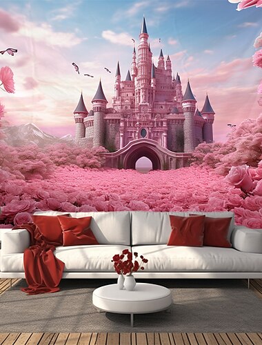  roze kasteel hangend tapijt kunst aan de muur groot tapijt muurschildering decor foto achtergrond deken gordijn thuis slaapkamer woonkamer decoratie