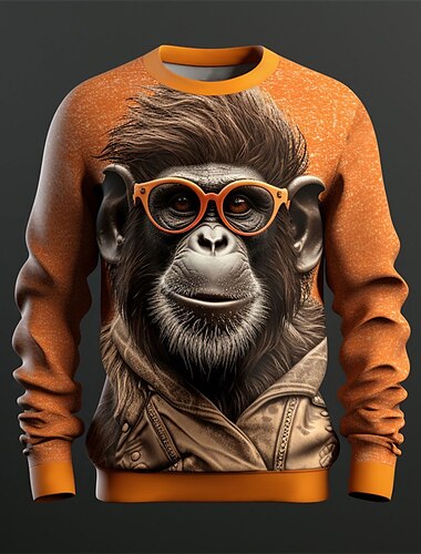 Hombre Graphic Orangután Sudaderas Sudadera con capucha Manga Larga Camisa de entrenamiento Cuello Barco Moda Diario Casual Impresión 3D Vacaciones Festivos Noche Estampado Primavera & Otoño
