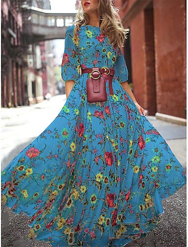  dames chiffon bloemenprint ronde hals lange jurk maxi jurk bohemien vakantie zomer lente