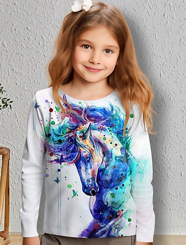  Da ragazza 3D Cavallo T-shirt Camicie Manica lunga Stampa 3D Primavera Autunno Attivo Di tendenza stile sveglio Bambino 3-12 anni Girocollo Esterno Informale Giornaliero Standard