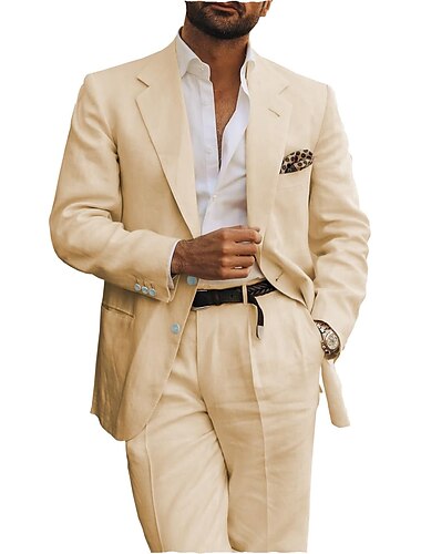  hvid champagne pink herre strand bryllup linned jakkesæt ensfarvet 2-delt mode daglige business skræddersyet pasform enkeltradet to-knapper 2024