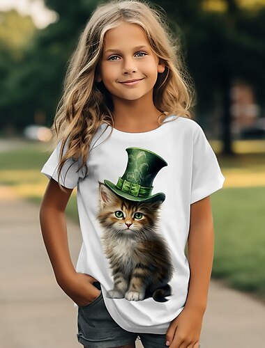  st. Patrick Mädchen 3D-Katzen-T-Shirt, kurzärmelig, 3D-Druck, Sommer, aktiv, modisch, niedlich, Polyester, Kinder 3–12 Jahre, Rundhalsausschnitt, Outdoor, lässig, täglich, normale Passform