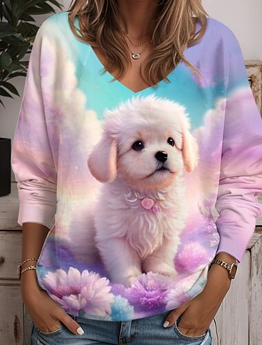 Damen Tunika T-Shirt Tier Katze Mode lustig langärmlig V-Ausschnitt reguläre Tops täglich Wochenende Druck gelb blau lila grün hellblau Frühling  Herbst