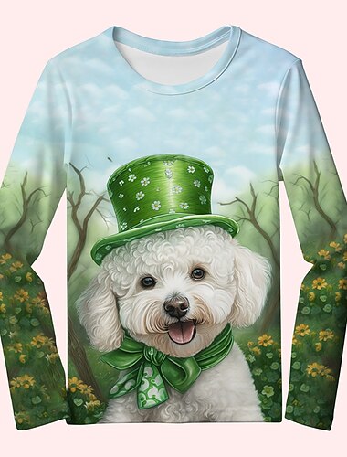  st. Patrick Mädchen-T-Shirt mit 3D-Hund, langärmlig, 3D-Druck, Frühling, Herbst, aktiv, modisch, niedlich, Polyester, Kinder 3–12 Jahre, Rundhalsausschnitt, Outdoor, lässig, täglich, normale Passform