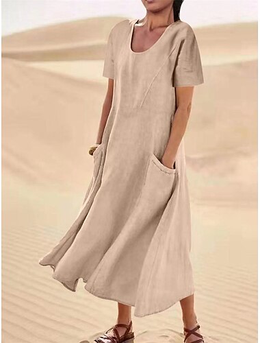  Robe casual Robe d’été Robe unie Femme robe longue Poche Plein Air Rendez-vous Maxi basique Col Ras du Cou Manche Courte Ample Noir Rose Claire Bleu Ciel S M L XL 2XL