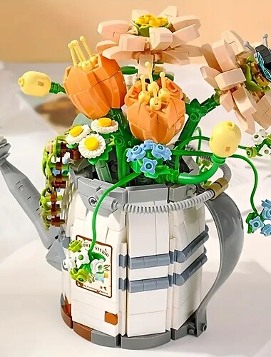  女性の日ギフト 973 個かわいい花じょうろビルディングブロックおもちゃ鉢植えセット組み立てられたビルディングブロックシャワーじょうろモデル母の日ギフトお母さんへ