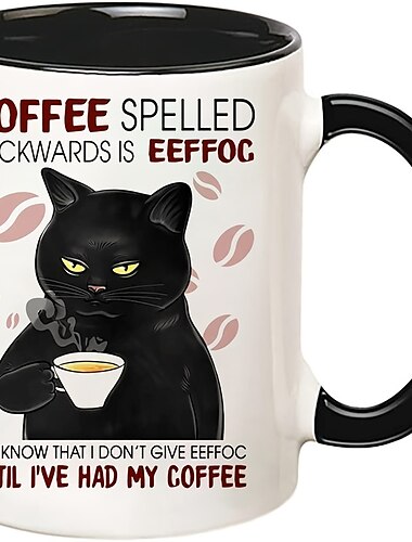  Taza de café de cerámica portátil, diseño de gato negro con efecto escrito al revés, taza de viaje de 11oz para amantes del café en movimiento, 1 ud.
