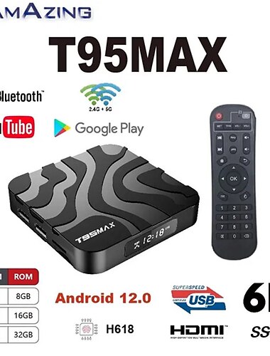  t95 max smart tv box android 12.0 2.4g & 5g wifi6 h618 quadcore arm cortex a53 8k bluetooth 5.0 2g/4g 16g 32gb 64gb set-top box support google media player youtube support ip tv