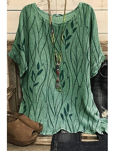  Damen Shirt Boho Shirt Bluse Mode Print Kurzarm Regular Tops Rundhals Casual Urlaub Gelb Rosa Blau Grün Sommer