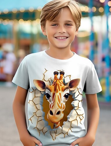  Jungen 3D Löwe Giraffe Wolf T-Shirt Hemden Kurzarm 3D-Druck Sommer Aktiv Sport Mode Kinder 3-12 Jahre Rundhalsausschnitt Outdoor Lässig Täglich Normale Passform