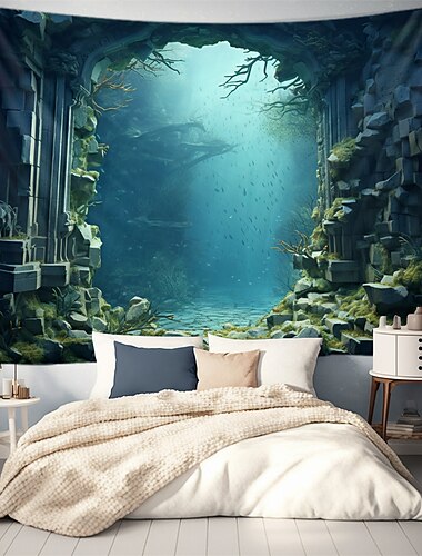  Unterwasserpalast hängender Wandteppich, Wandkunst, großer Wandteppich, Wanddekoration, Fotografie, Hintergrund, Decke, Vorhang, Zuhause, Schlafzimmer, Wohnzimmer, Dekoration