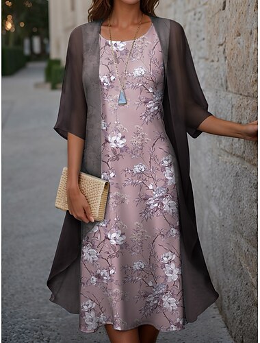  Kvinnegraduering Kjole Midi Kjole To Delt Kjole Set Casual Kjole Chiffon Kjole Trykk Kjole Motefull Moderne Blomstertrykk Halv Erme Crew Neck Utendørs Helligdag Rosa Blå Grønn Vår Loose Fit