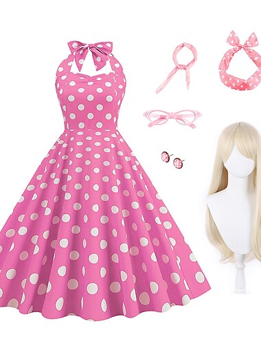  Vestido rockabilly de línea A para mujer, vestido de lunares halter swing, vestido acampanado con accesorios, conjunto retro vintage de los años 50 y 60 con diadema, bufanda, pendientes, gafas de ojo