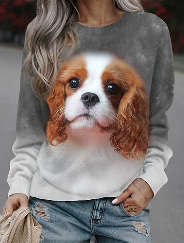  Damen Sweatshirt Pullover Hund Casual Sport Print Sportbekleidung Lustiges Rundhals Langarmshirt Mikroelastisch Herbst&amp;Winterkomfort, atmungsaktives, weiches Gewebe