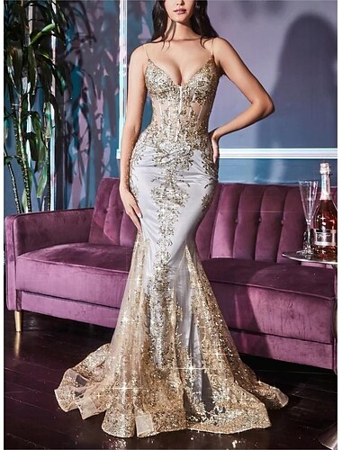  Robe de bal sirène à paillettes, style célébrité, robe de bal de fin d'études, traine de cour, sans manches, col en V, dentelle avec cristaux scintillants, robe de mascarade 2025