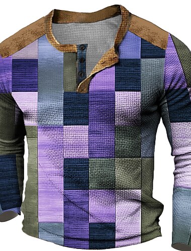  Herren Graphic Plaid Farbblock Henley Shirt Waffel-T-Shirt Langarm 3D-Druck Modisch Designer Brautkleider schlicht Sports Outdoor Festtage Festival Frühling & Herbst Gelb Violett Purpur Orange Henley