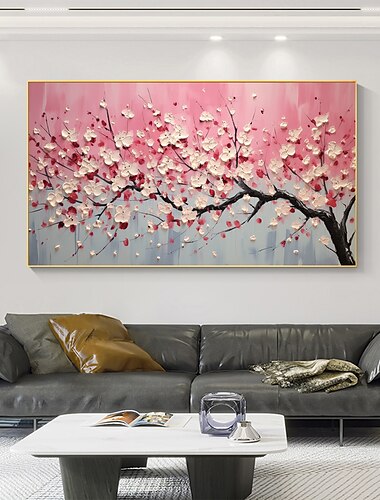  Handgefertigtes Ölgemälde auf Leinwand, Wandkunst, Dekor, rosa, originaler blühender Baum, Heimdekoration mit gespanntem Rahmen, ohne Innenrahmen