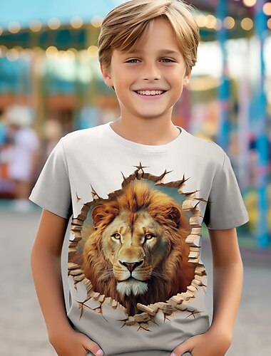  男の子 3D ライオン キリン柄 オオカミ Ｔシャツ シャツ 半袖 3Dプリント 夏 活発的 スポーツ ファッション 子供 3〜12年 クルーネック アウトドア カジュアル 日常 レギュラー