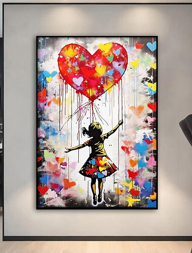  فتاة مع قلب بالون قماش الفن رسمت باليد أرقام ملونة اللوحة بانكسي نمط الكتابة على الجدران قماش جدار الفن قماش لديكور المنزل جدار بدون إطار