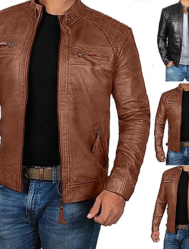  Voor heren Jas van imitatieleer Overgangsjack Jas Bikerjack Buiten Dagelijks Thermisch Warm Winddicht Volledige ritssluiting Herfst Effen Kleur Streetwear Casual Opstaand Normaal Imitatieleer Normale