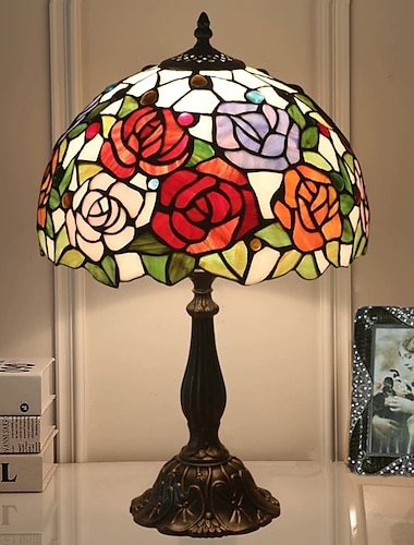  Buntglas-Rose-Tischlampe, Kunstglas-Schreibtischlampe, Tischleuchte, 48,3 cm hoch, 30,5 cm breit, Lampenschirm, Leselampe neben der Lampe, Sockel aus antikem Zink, für Wohnzimmer, Schlafzimmer, Glas, 110–240 V