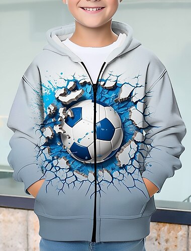  Jungen 3D Fußball Kapuzenshirt Mantel Oberbekleidung Langarm Herbst Winter Aktiv Strassenmode Cool Polyester kinderkleidung 3-12 Jahre Reissverschluss Strasse Täglich Regular Fit