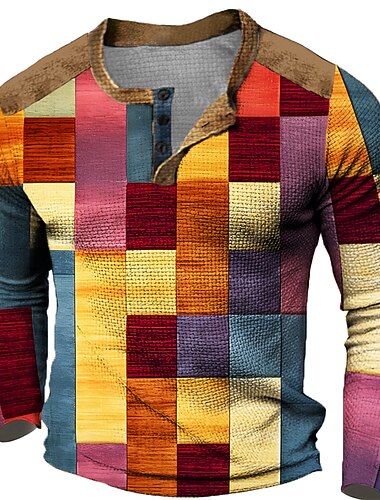  Homens Gráfico Xadrez Bloco de cor Camisa Henley Camiseta Waffle Manga Longa Impressão 3D Moda Designer Casual Esportes Feriado Festival Primavera & Outono Amarelo Roxo Claro Roxo Laranja Henley