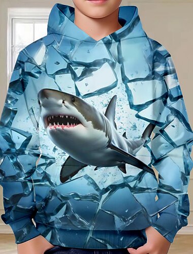  Para Meninos 3D Tubarão Moletom Pullover Manga Longa Impressão 3D Primavera Outono Moda Roupa de rua Legal Infantil 3-12 anos Com Capuz Ao ar livre Casual Diário Normal