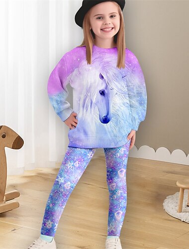  Mädchen 3D Einhorn Set aus Sweatshirt und Leggings Rosa Langarm 3D-Druck Frühling Herbst Aktiv Modisch Täglich kinderkleidung 3-12 Jahre Rundhalsausschnitt Outdoor Urlaub Verabredung Regular Fit