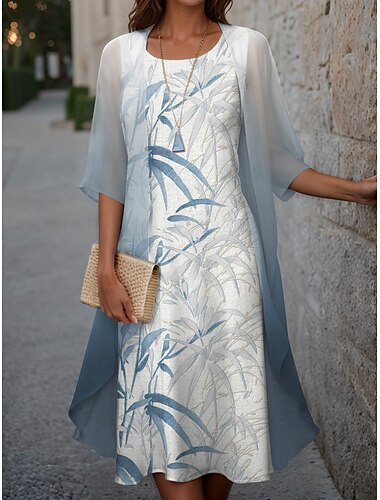  Abschlusskleider Midi Kleid Zweiteiliges Kleid Set Hochzeitsgast Cocktailkleid Chiffon Outdoor Urlaub modisch modern Druck lässig elegant Frühling Rundhals halblange Ärmel Blatt blau grün grau