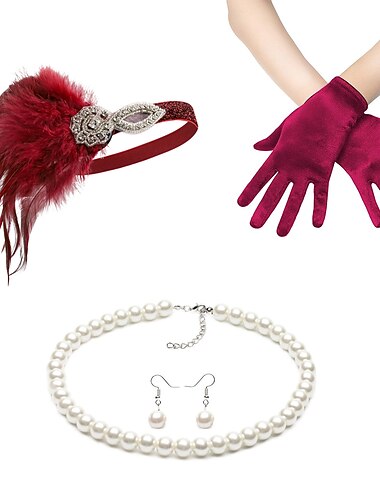  Zabytkowe Ryczące 20s 1920 roku Rękawiczki Naszyjniki Opaska w stylu lat 20-tych Naszyjniki Kolczyki Wielki Gatsby Gość weselny Pióro Damskie Nowy Rok Bal maskowy Spektakl Przyjęcie weselne Wieczór