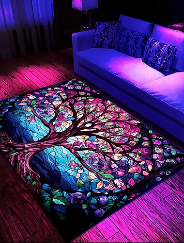  Schwarzlicht-Teppich, UV-reaktiver, im Dunkeln leuchtender Teppich, Küchenmatte, rutschfest, ölbeständig, Baum des Lebens, Boho-Bodenmatte, Wohnzimmerteppich, Innen- und Außenmatte,