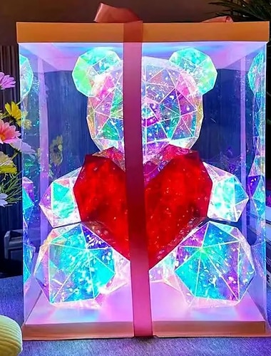 cadeaux pour la fête des femmes magnifique ours en peluche LED brillant tenant un cœur rose, cadeaux pour toujours pour anniversaire et anniversaire lampe galaxie à éclairage d'ambiance de 10 pouces